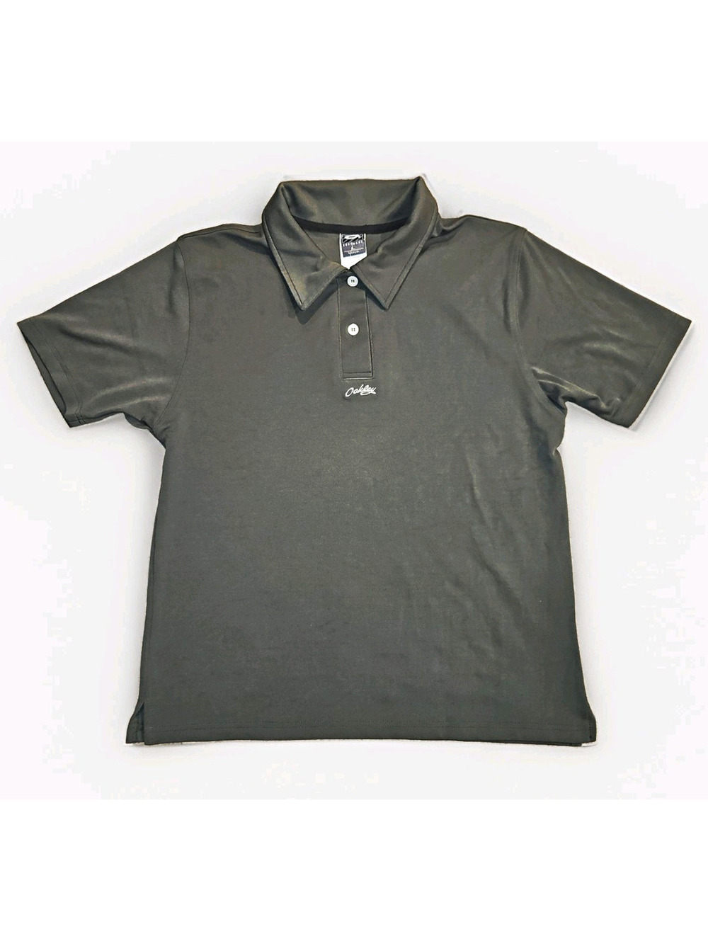 Vtg Y2K Oakley Polo Shirt Center Cursive Script Logo Made In USA Charcoal Gray L